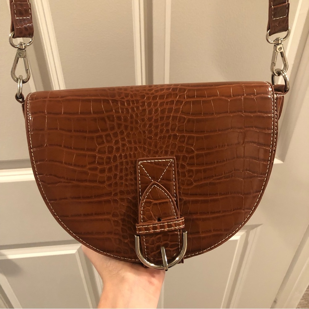 Brown Faux Croc Leather Buckle Crossbody Bag - Picture 7 of 13